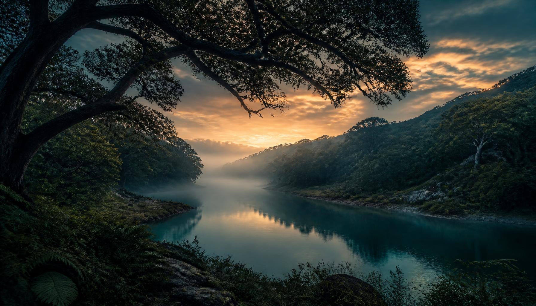 Misty river through a wooded Texas Hill Country landscape at dusk