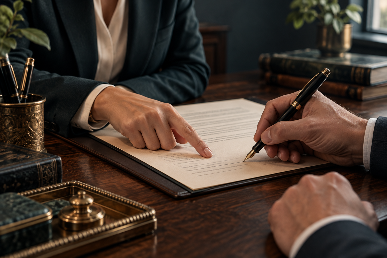 Hands reviewing a notarial document with an antique gold pen on a dark wood desk